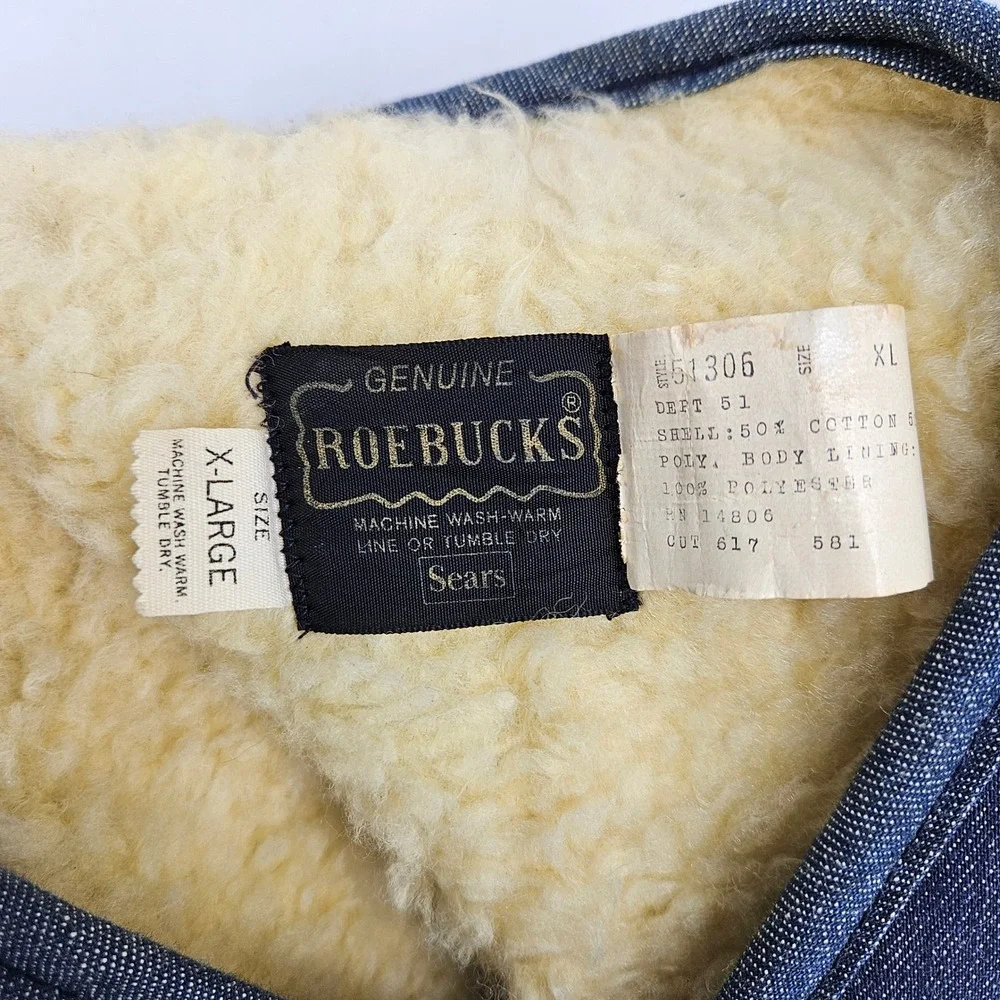 Vintage Roebucks Denim BOA‎ Vest Mens Extra Large 1970s Sears Sherpa Lined